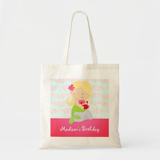 Modern Cute Mermaid Pink Birthday Party Tote Bag (Front)