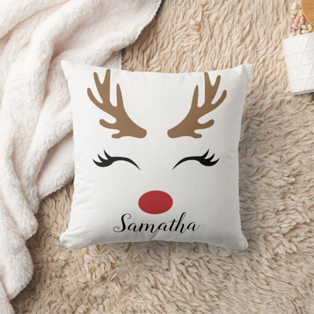 Modern Cute Merry Christmas Reindeer Face Throw Pillow (Blanket)