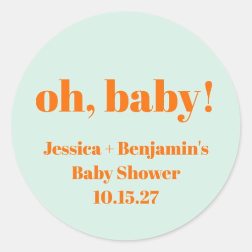 Modern Cute Mint Orange Baby Shower Custom Name Classic Round Sticker