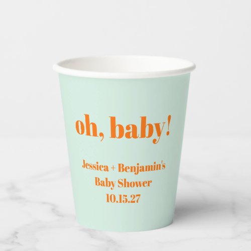 Modern Cute Mint Orange Baby Shower Custom Name Paper Cups