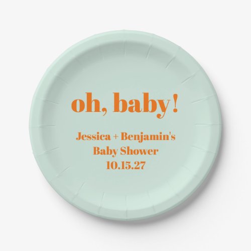 Modern Cute Mint Orange Baby Shower Custom Name Paper Plates