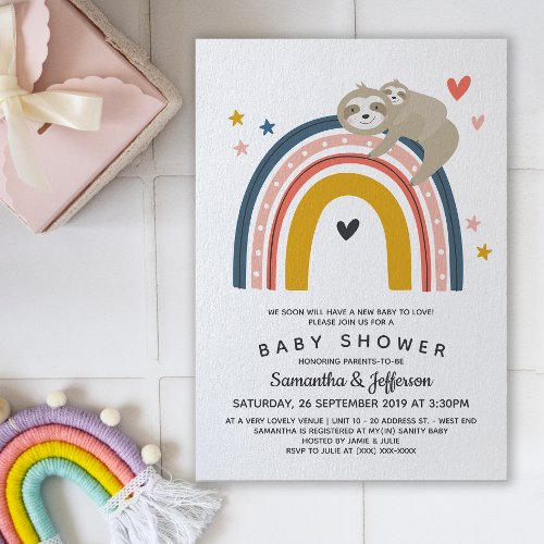 Modern Cute Mommy Baby Sloth Rainbow Baby Shower Invitation