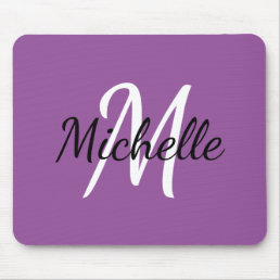 Modern Cute Monogram Initial + Name Purple &amp; White Mouse Pad