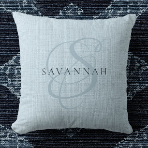 Modern Cute Monogram Script Blue Custom Name Throw Pillow