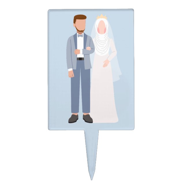 Modern Cute Muslim Couple Wedding Light Blue Cake Topper (Front)