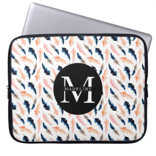 Modern Cute Nature Feathers Monogram Name Initial Laptop Sleeve