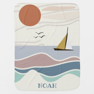 Modern cute nautical sailboat custom name baby blanket