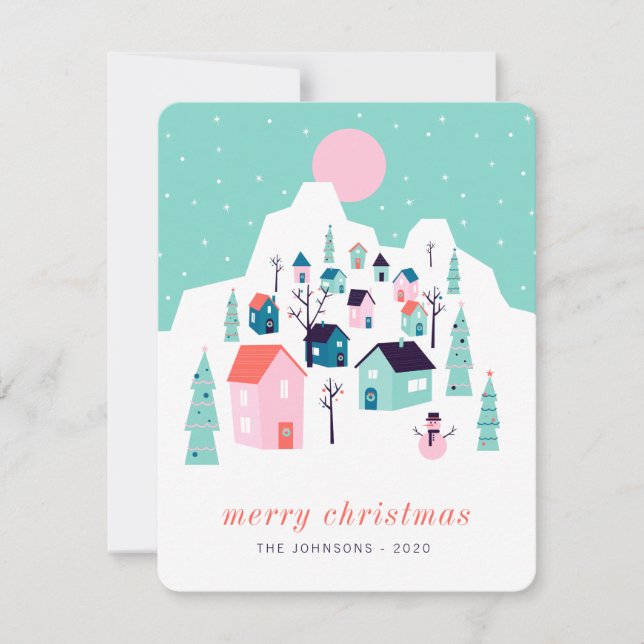 Modern Cute Nordic Winter Snow Mountain Village Holiday Card (Front)