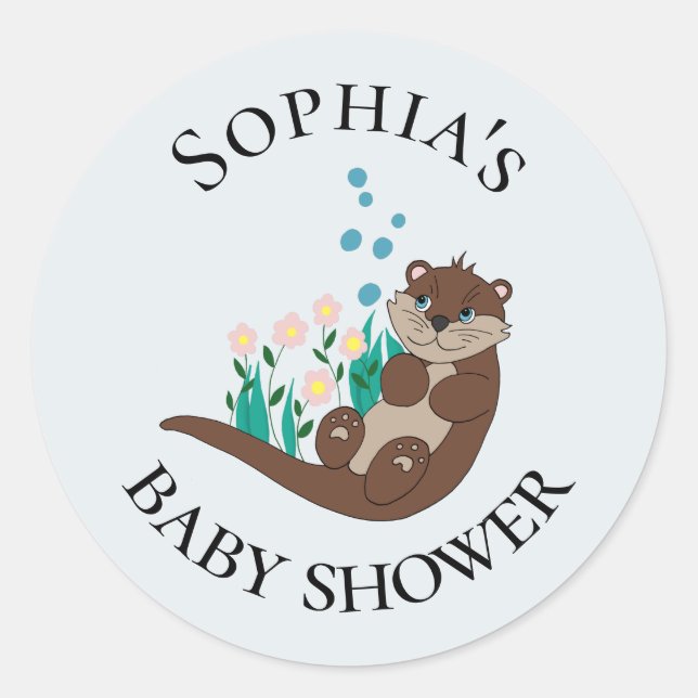 Modern Cute Otter Cartoon Flowers Name Baby Shower Classic Round Sticker (Front)