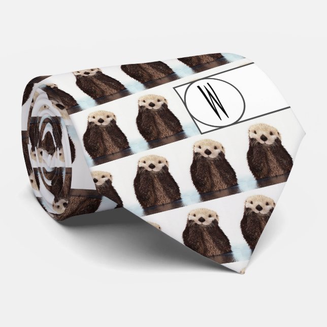 Modern Cute Otter Pattern Monogrammed fun Neck Tie (Rolled)