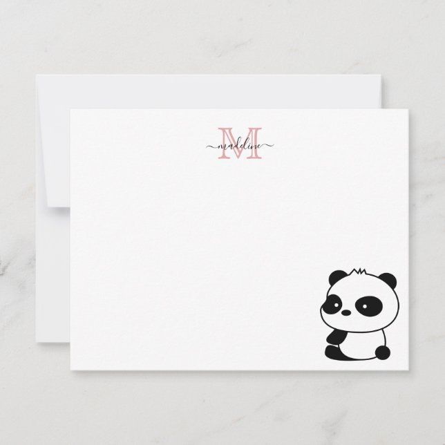 Modern Cute Panda Blush Pink Monogram Script Note Card (Front)