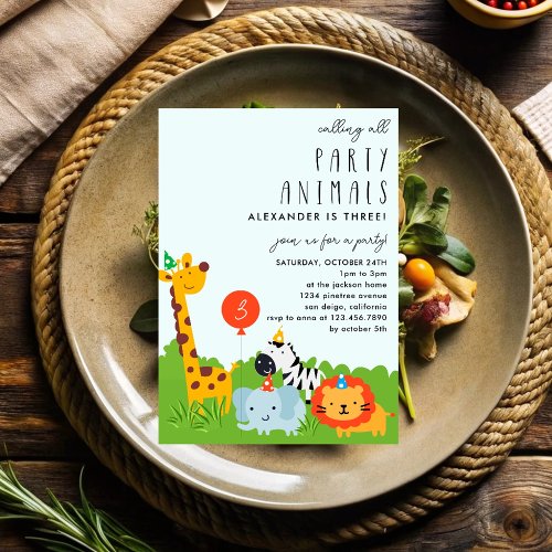 Modern Cute Party Animals Safari Kids Birthday Invitation