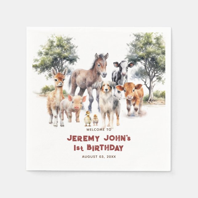 Modern Cute Party Farm Animals Welcome Napkins (Front)