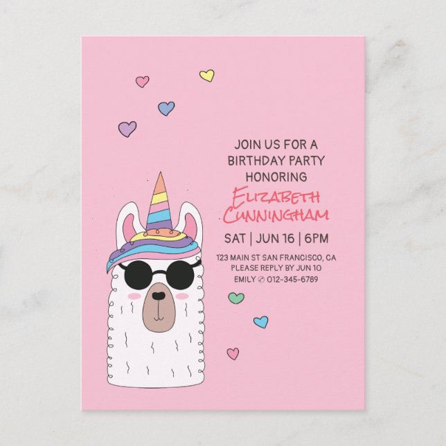 Modern Cute Party Llamacorn Birthday Invitation Postcard (Front)