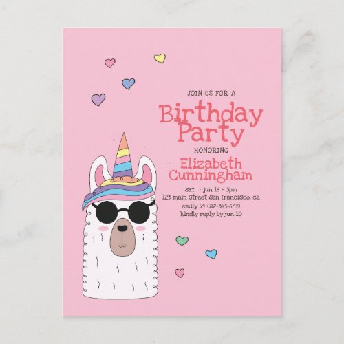Modern Cute Party Llamacorn Birthday Invitation Postcard