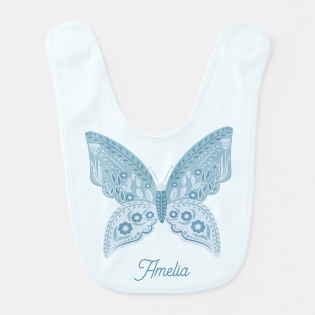 Modern Cute Pastel Blue Folk Art Butterfly Baby Bib (Front)