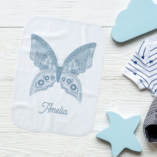 Modern Cute Pastel Blue Folk Art Butterfly Baby Burp Cloth