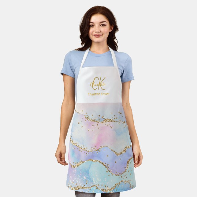 Modern Cute Pastel Colors Glitter  Monogram  Name Apron (Worn)