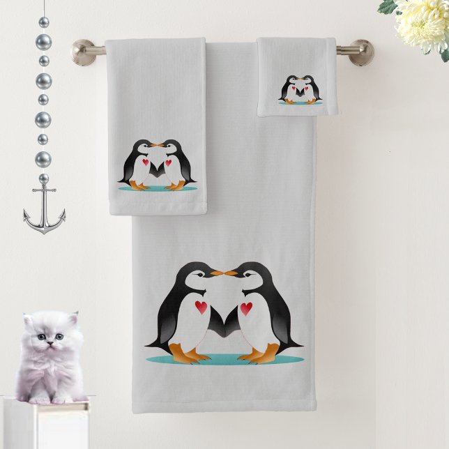 Modern Cute Penguin Couple on Light Gray Bath Towel Set (Creator Uploaded)