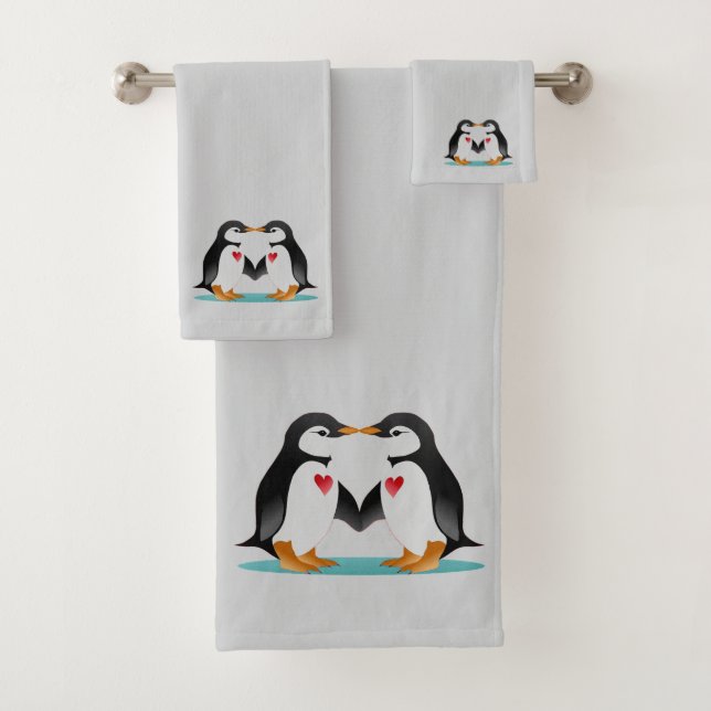 Modern Cute Penguin Couple on Light Gray Bath Towel Set (Insitu)