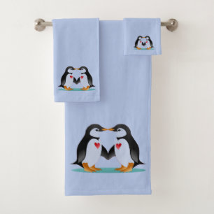 Modern Cute Penguin Couple on Misty Blue Bath Towel Set