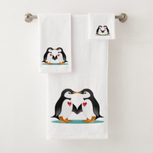 Modern Cute Penguin Couple on White Bath Towel Set