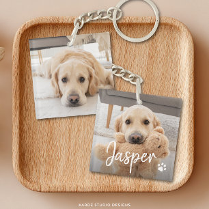 Modern Cute Pet Name Two Photo Keychain