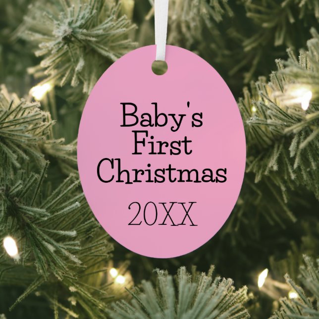 Modern Cute Pink Baby's First Christmas Year Metal Ornament (Insitu)