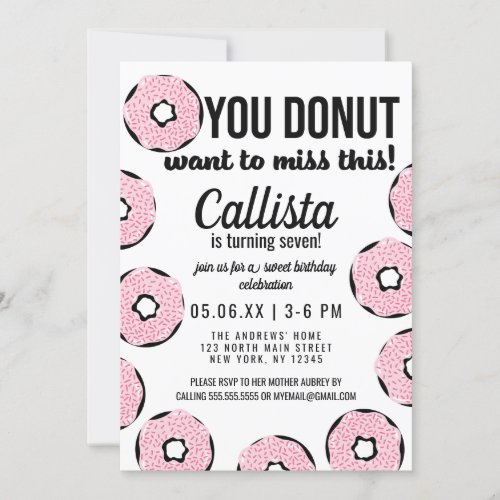 Modern Cute Pink Black White Donut Birthday Party Invitation