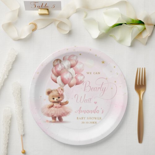 Modern Cute Pink Boho Teddy Bear Girl Baby Shower  Paper Plates