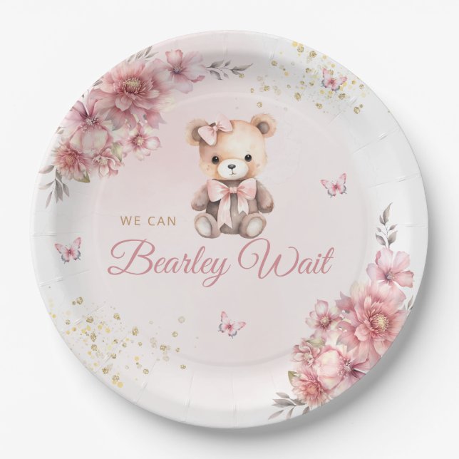 Modern Cute Pink Boho Teddy Bear Girl Baby Shower  Paper Plates (Front)