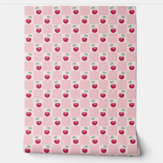 Modern Cute Pink Cherry Checkerboard Coquette Wallpaper (Unrolling)