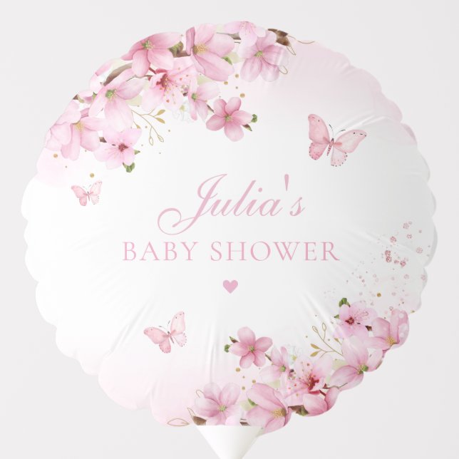 Modern Cute Pink Floral Butterfly Girl Baby Shower Balloon (Front)