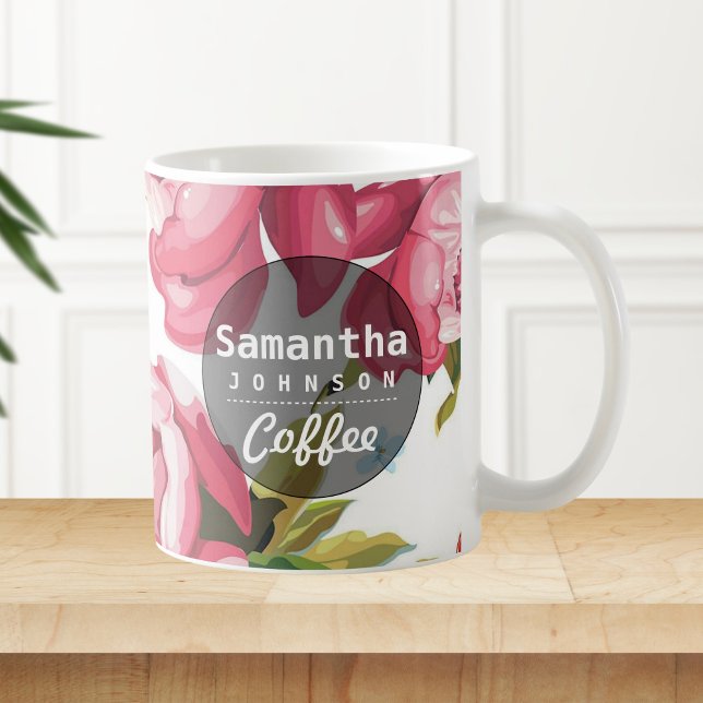 Modern Cute Pink Floral Personalized Name Coffee Mug (Creator Uploaded)
