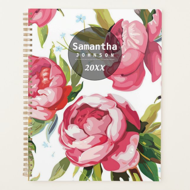 Modern Cute Pink Floral Personalized Name Planner (Front)