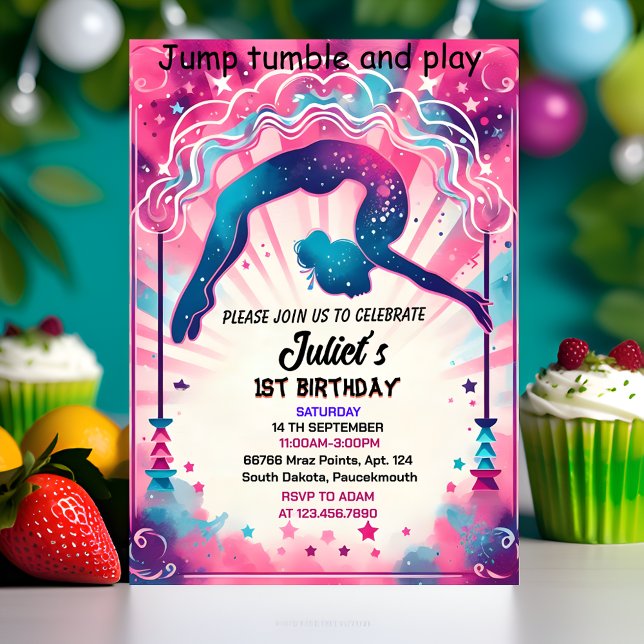 modern cute pink girl gymnastics 10th birthday invitation (Creator Uploaded)