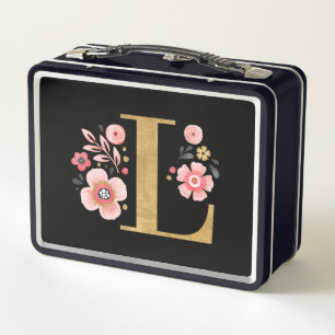 Modern Cute Pink Gold Monogram Floral Metal Lunch Box