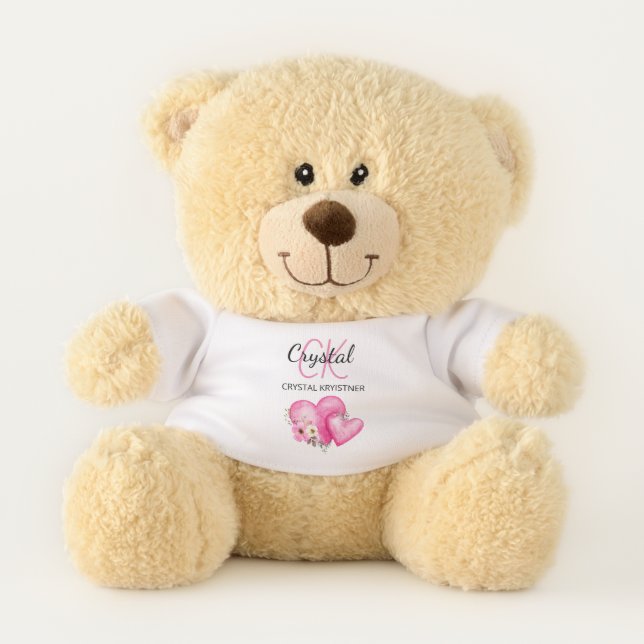 Modern Cute Pink Hearts Monogram Name  Teddy Bear (Front)
