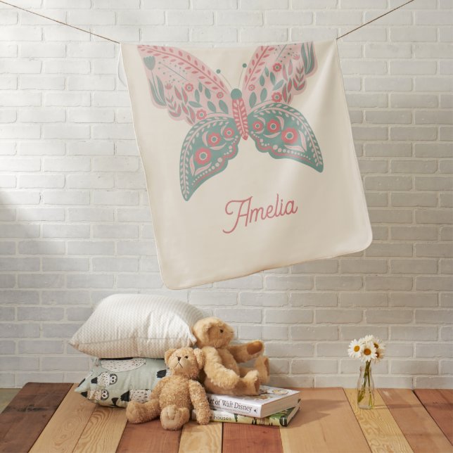 Modern Cute Pink Mint Green Folk Art Butterfly Baby Blanket (In Situ)