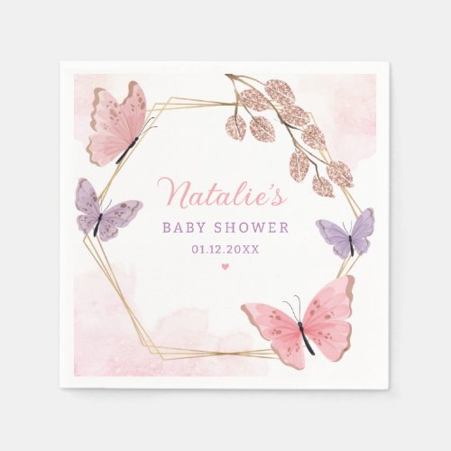 Modern Cute Pink Purple Butterfly Girl Baby Shower Napkins