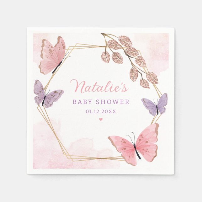 Modern Cute Pink Purple Butterfly Girl Baby Shower Napkins (Front)