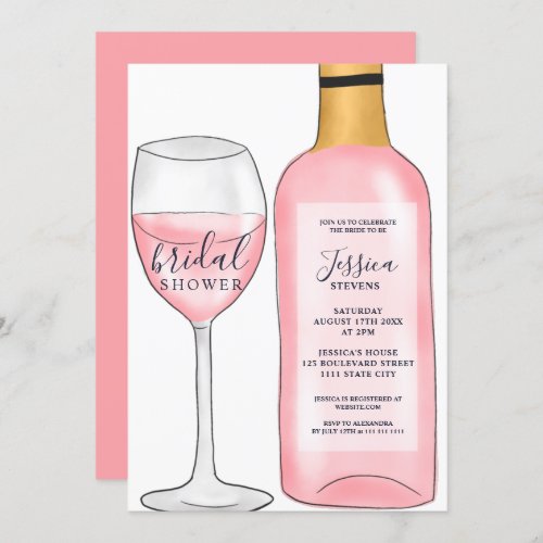 Modern cute pink rose wine bottle bridal shower invitation