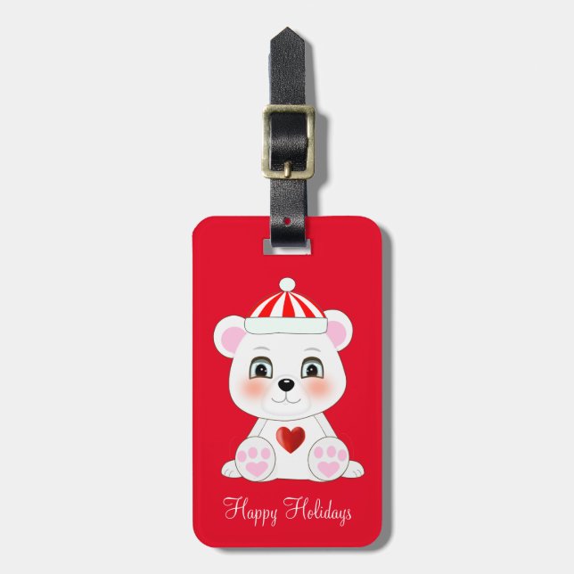 Modern Cute Polar Bear on Red Luggage Tag (Front Vertical)