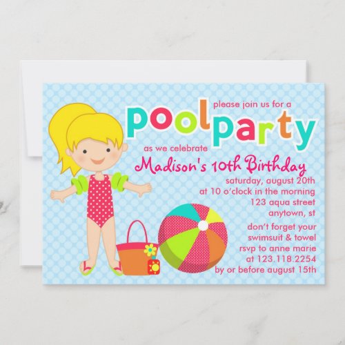 Modern Cute Pool Party Girls Birthday Invitation