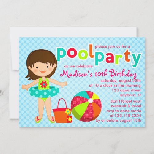 Modern Cute Pool Party Girls Birthday Invitation