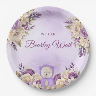 Modern Cute Purple Boho Teddy Bear Baby Shower Paper Plates