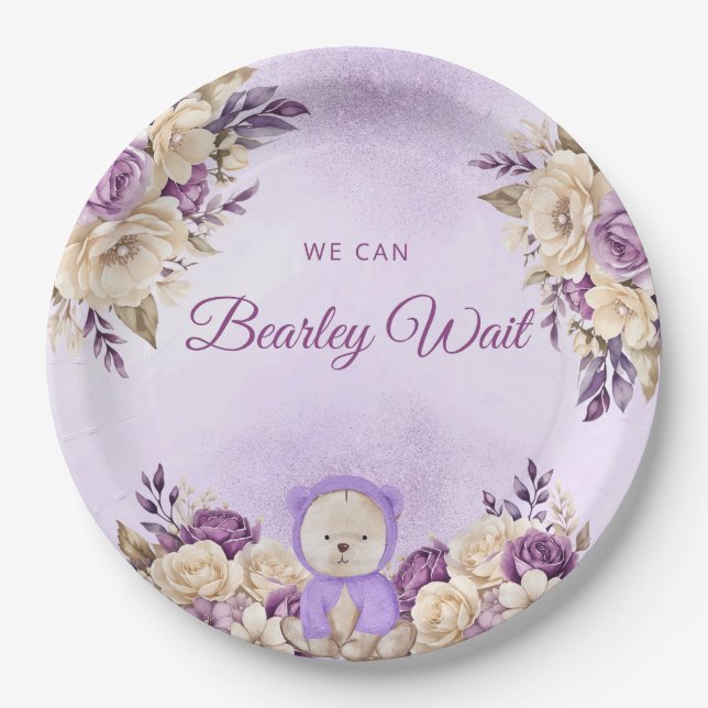 Modern Cute Purple Boho Teddy Bear Baby Shower  Paper Plates (Front)