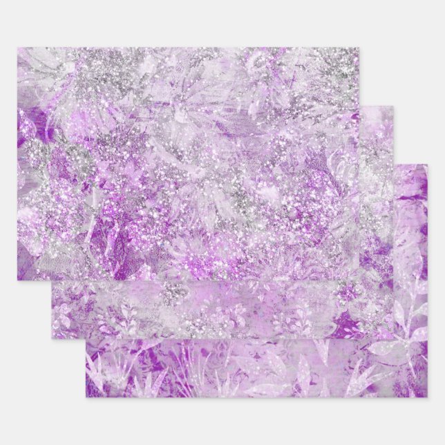 Modern Cute Purple Floral Pattern Girly Glitter  Wrapping Paper Sheets (Set)