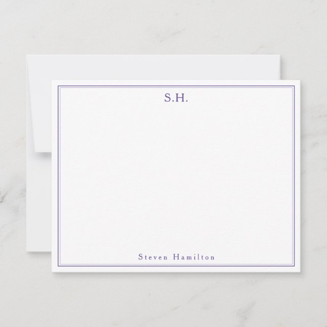 Modern Cute Purple Violet Monogram Name Minimalist Note Card (Front)