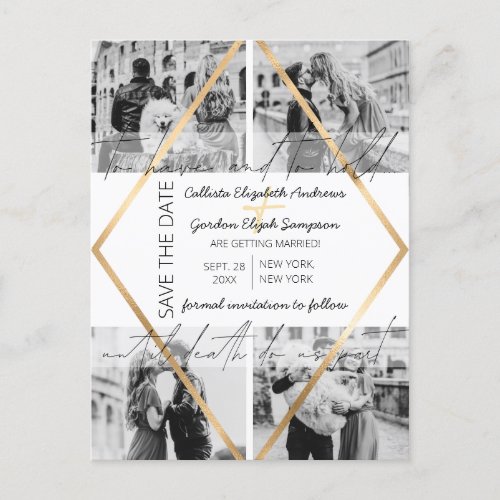 Modern Cute Quote Gold White Frame Photo Wedding Announcement Postcard